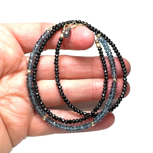 Solid 14k Gold Natural Black Spinel London Blue Topaz Wrap Bracelet | Necklace - Picture 4 of 12